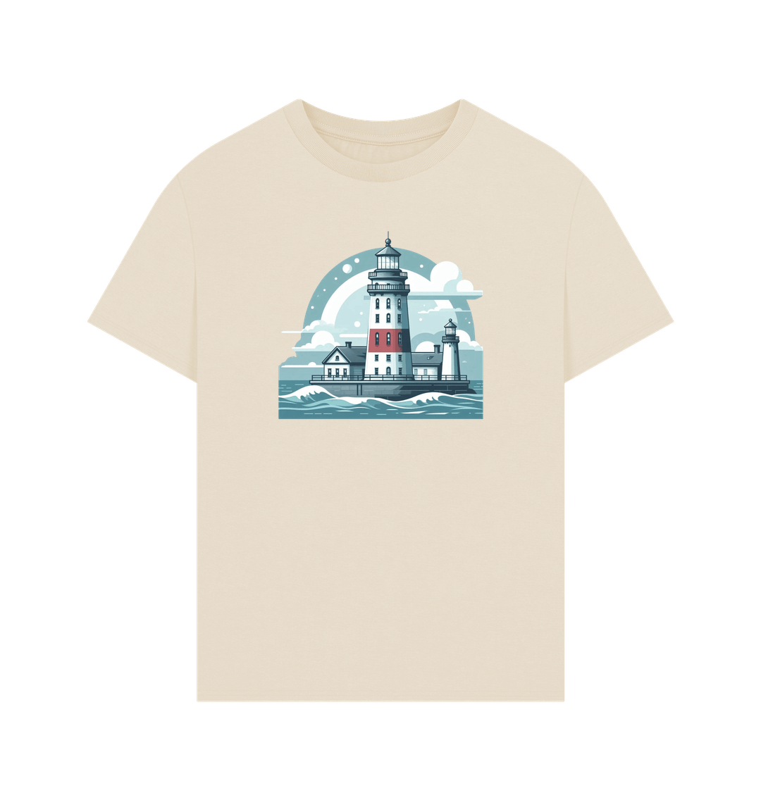 Oat Printed T-shirt Showcasing a Shining Lighthouse Design.