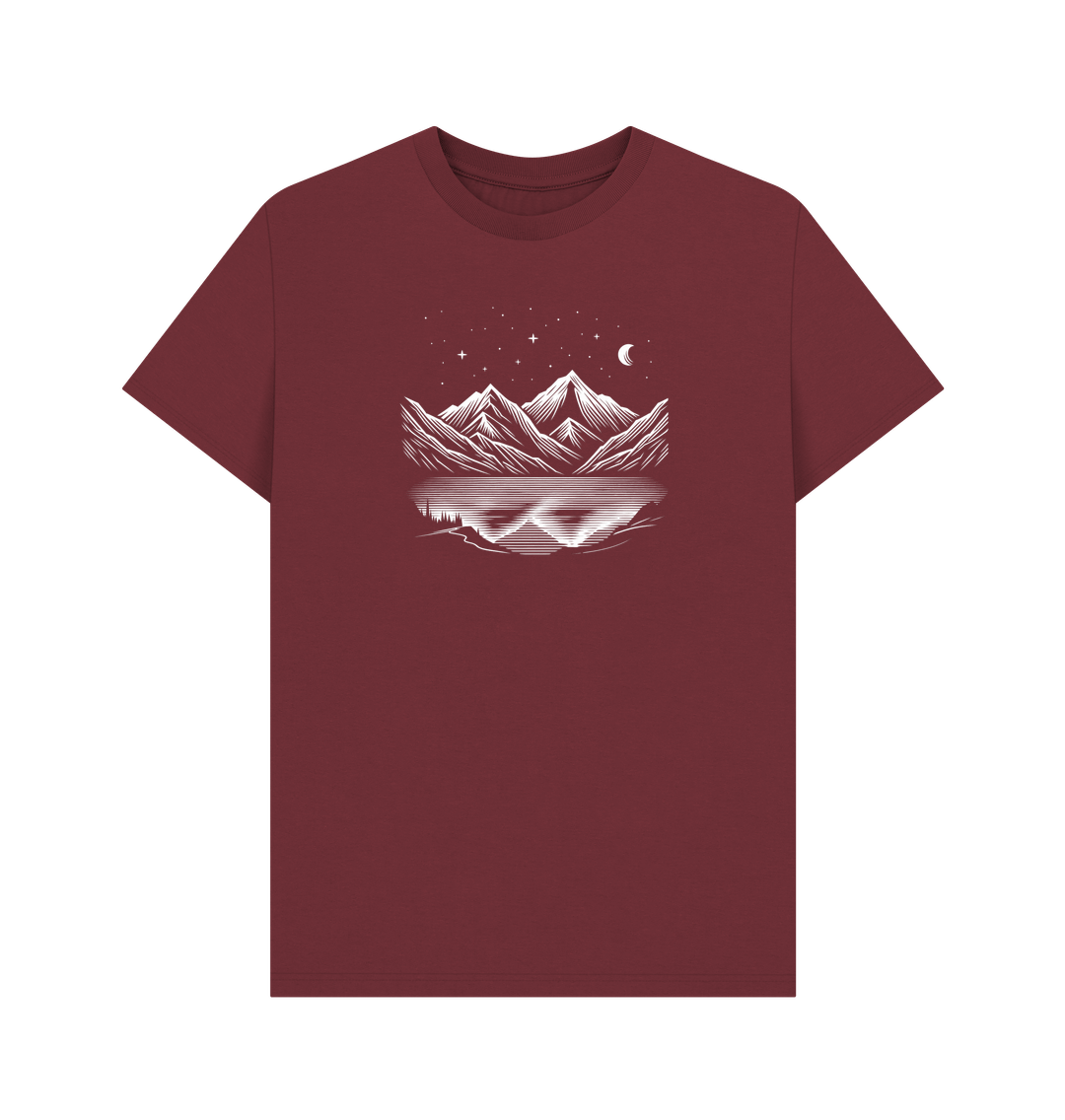 Red Wine Printed T-shirt Featuring a Scenic Mountain Design.