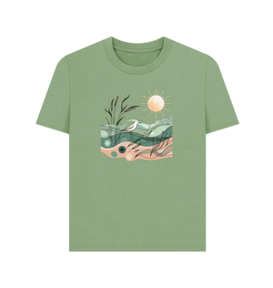 Sage printed t-shirt featuring a bird and sun design