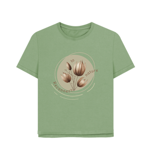 Sage printed t-shirt showcasing the reconnect women's relax fit organic t-shirt design.