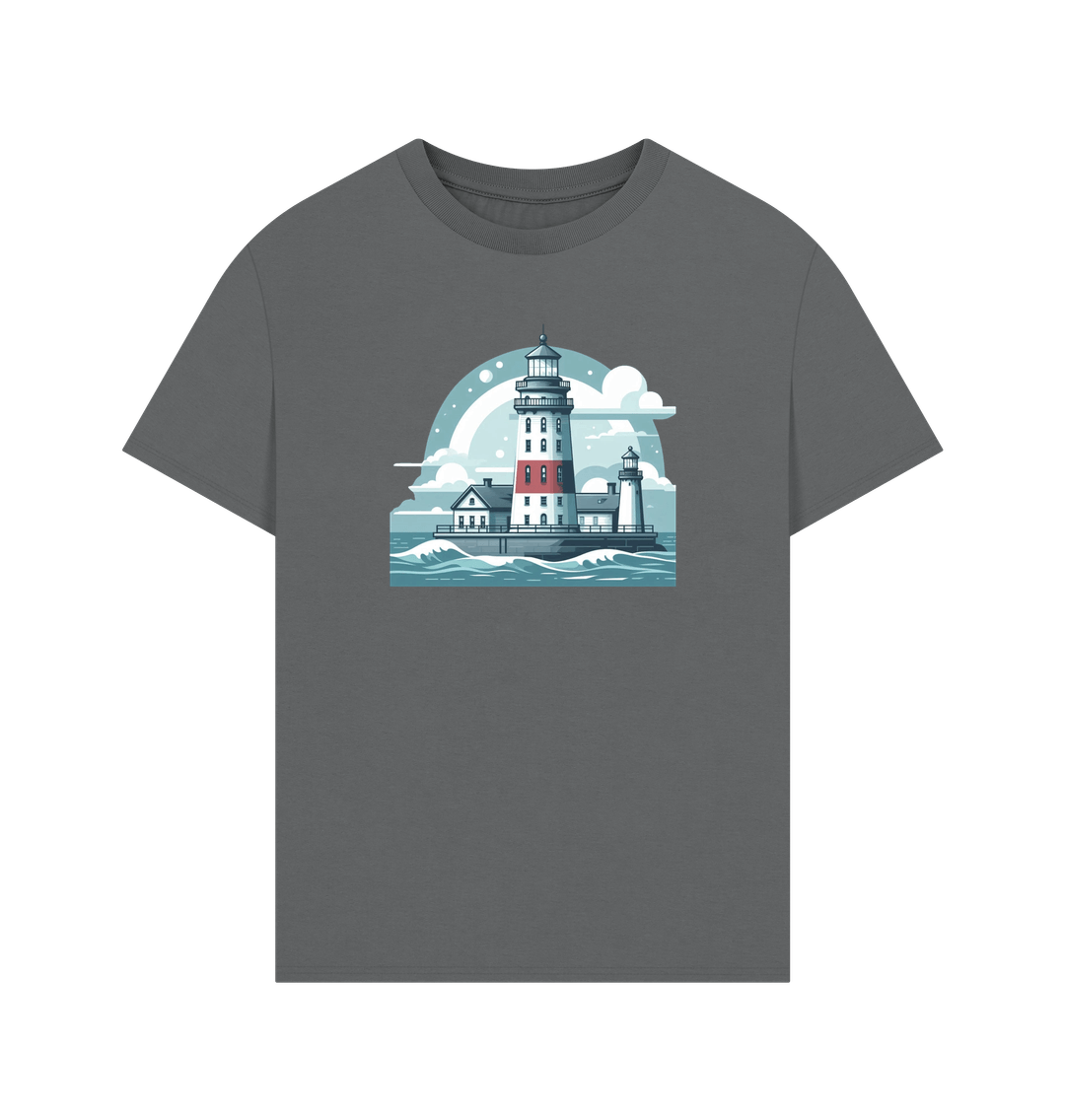 Slate Grey Printed T-shirt Showcasing a Shining Lighthouse Design.