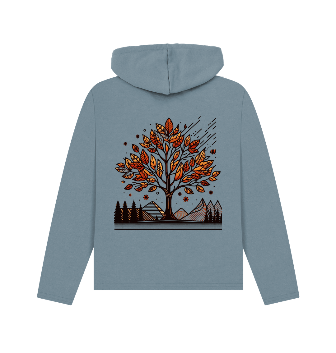 Stone blue hoodie printed hoody featuring an autumn tree design