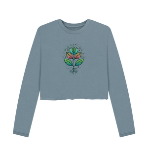 Stone blue printed boxy jumpers featuring an autumn tree design