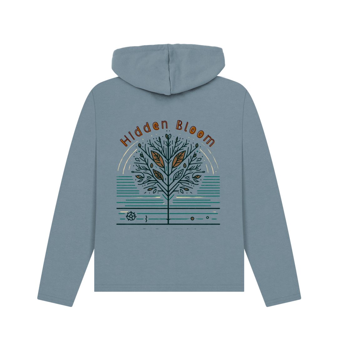 Stone blue printed hoody back view of a women's relaxed fit hoodie featuring the "hidden bloom"
