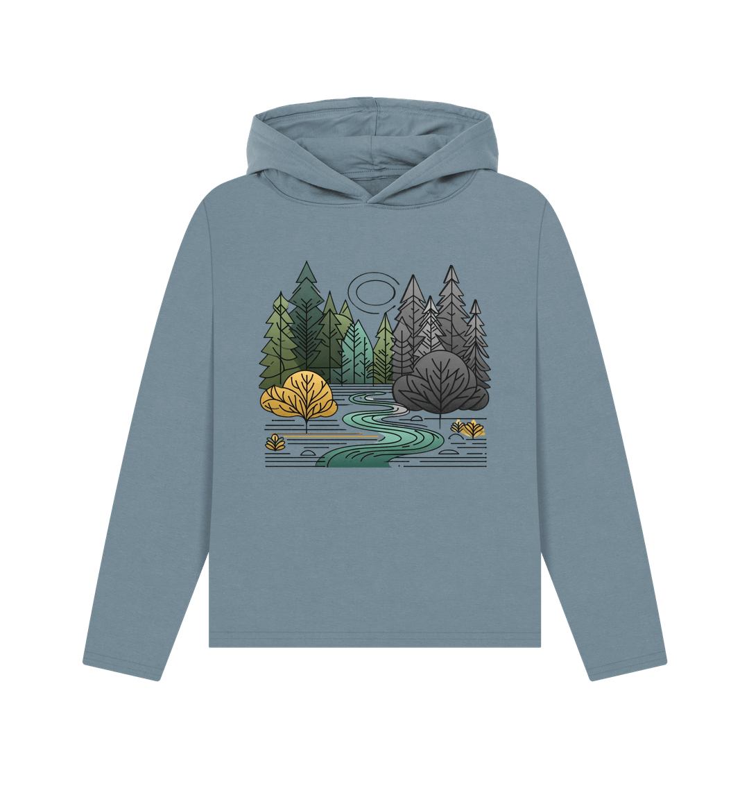 Stone blue printed hoody featuring a serene forest scene