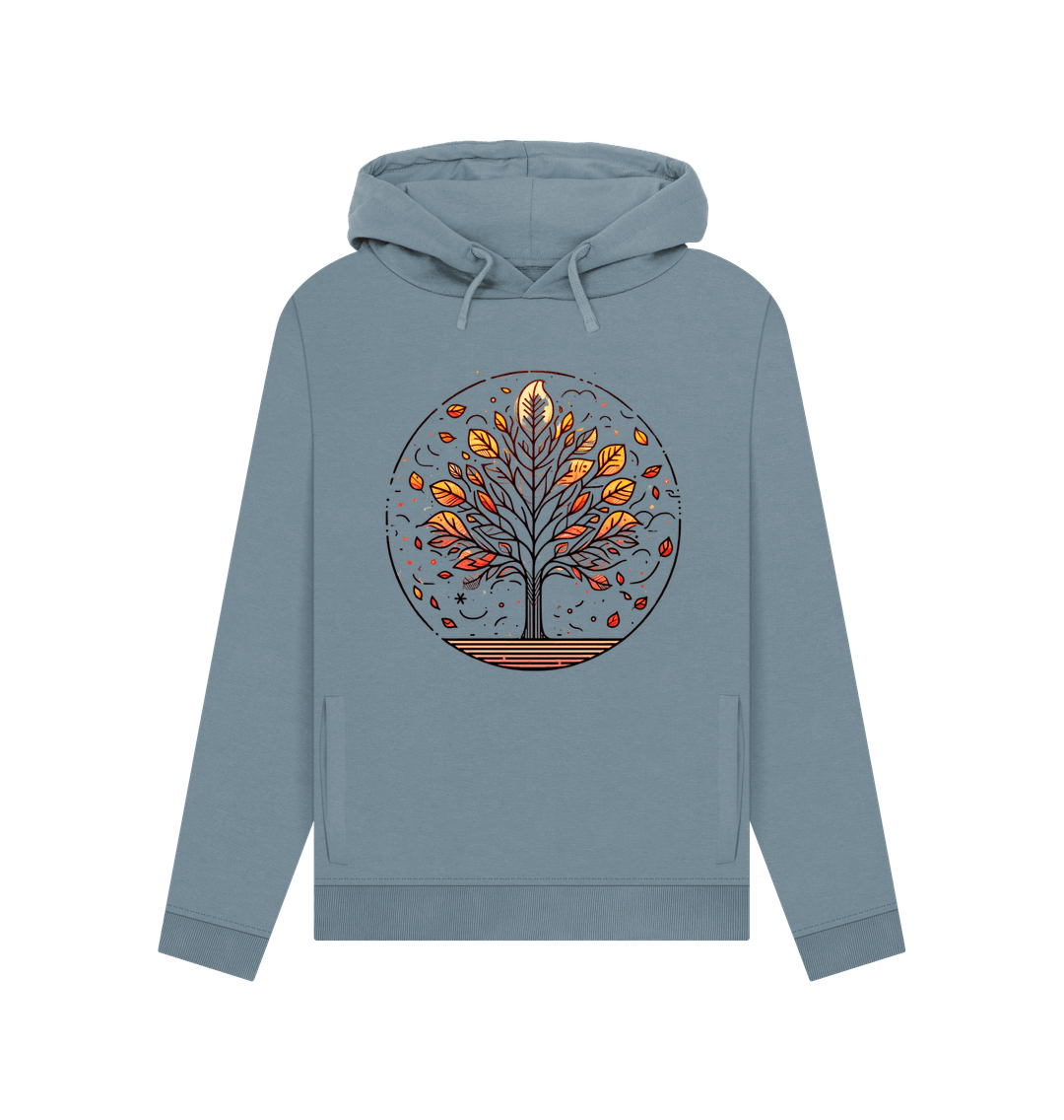 Stone blue printed hoody featuring an autumn tree design