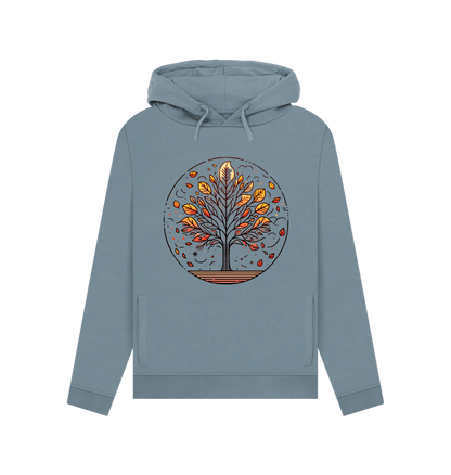 Stone blue printed hoody featuring an autumn tree design