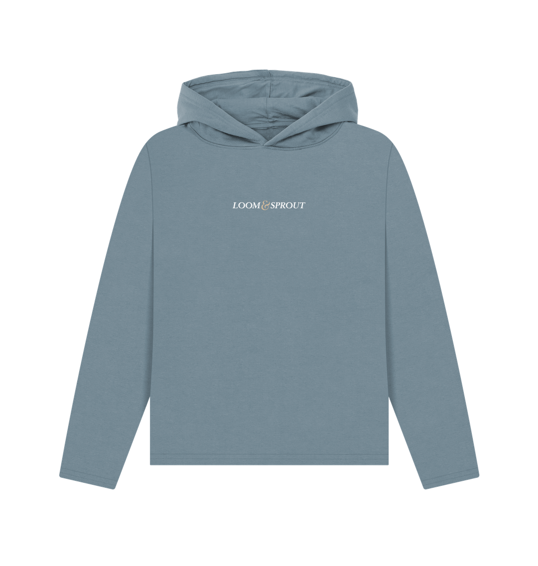 Stone blue printed hoody of a women's relaxed fit hoodie featuring the text "hidden bloom"