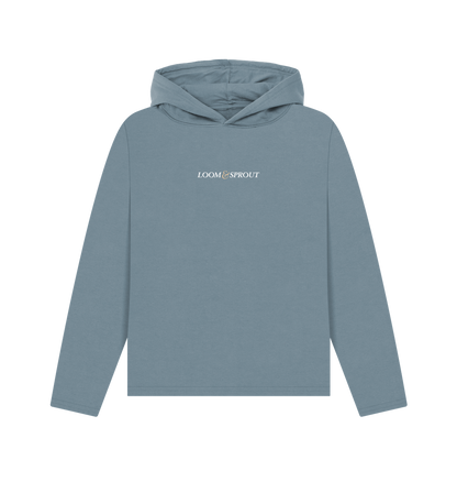 Stone blue printed hoody of a women's relaxed fit hoodie featuring the text "hidden bloom"