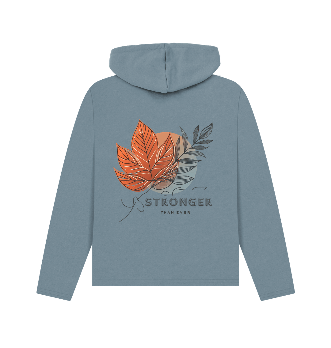 Stone blue printed hoody "stronger than ever," showcasing a comfortable and stylish design.