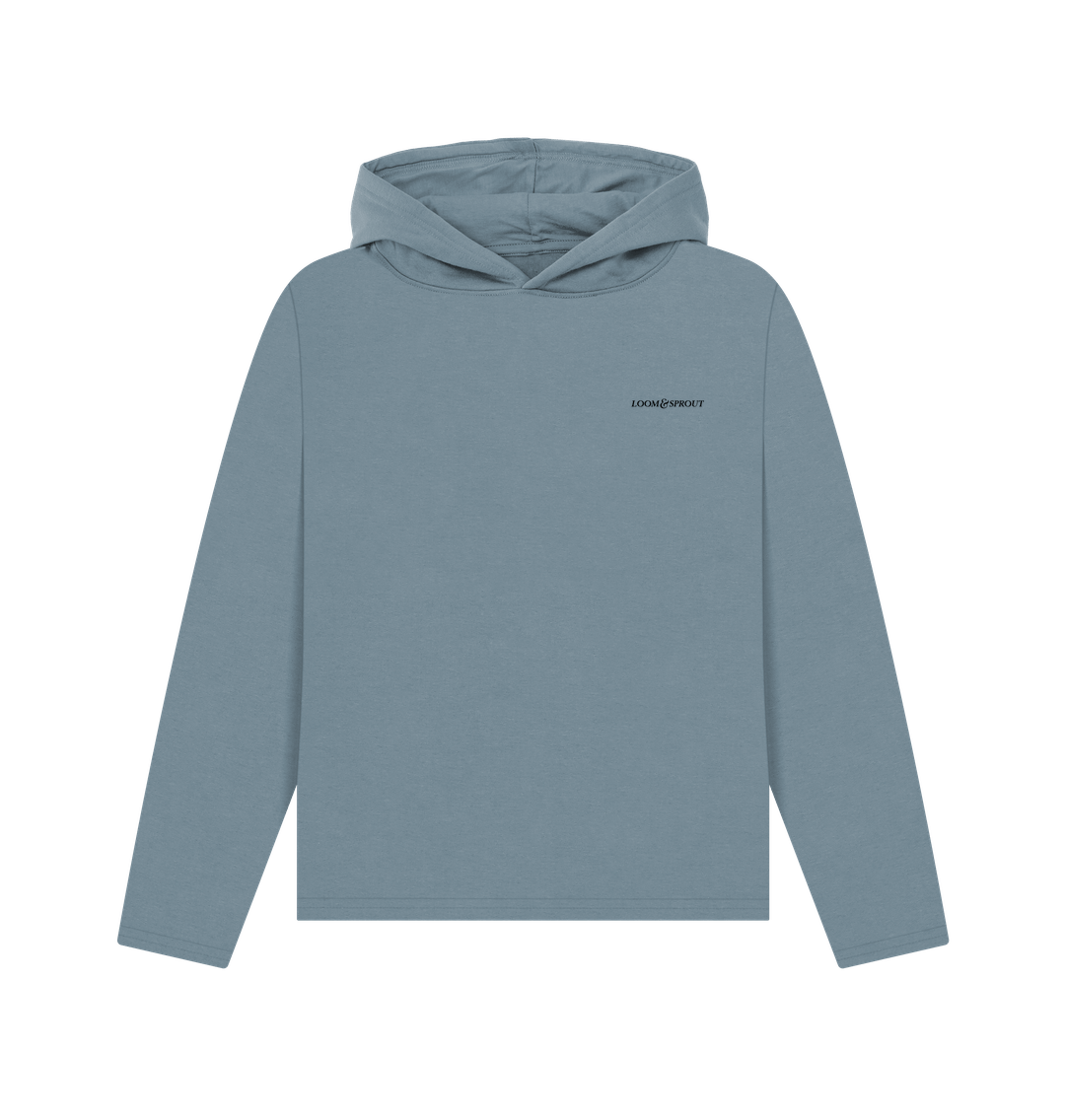 Stone blue printed hoody "stronger than ever," showcasing a comfortable and stylish design.