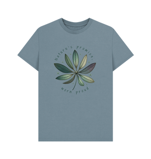 Stone Blue Printed T-shirt Featuring a Leaf Design, Labeled As Nature's Promise