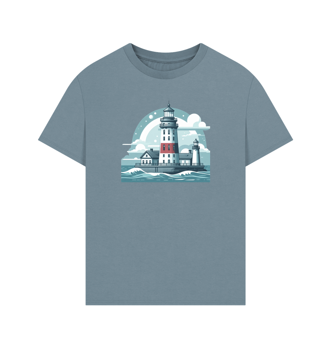 Stone Blue Printed T-shirt Showcasing a Shining Lighthouse Design.