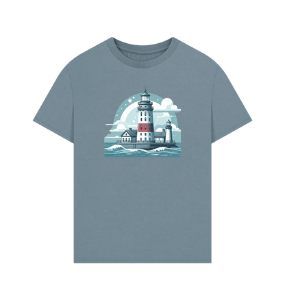 Stone Blue Printed T-shirt Showcasing a Shining Lighthouse Design.