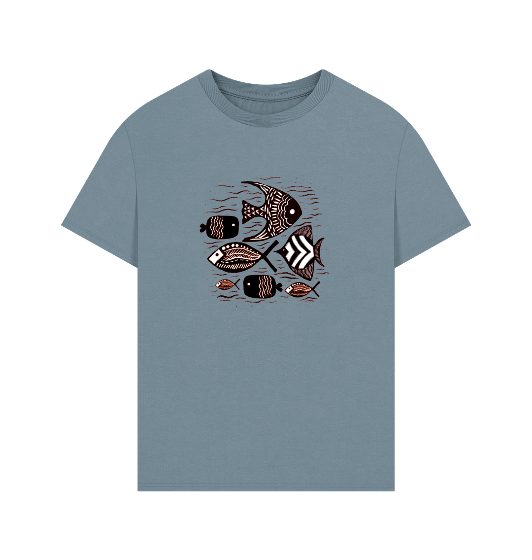 Stone Blue Printed T-shirt Showcasing a Vibrant Fish Pattern
