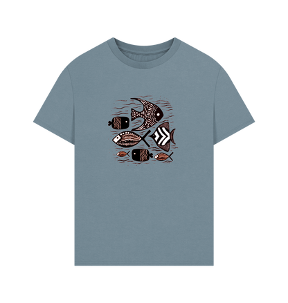 Stone Blue Printed T-shirt Showcasing a Vibrant Fish Pattern