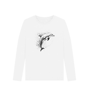 White printed long sleeve t shirt featuring a dolphin design