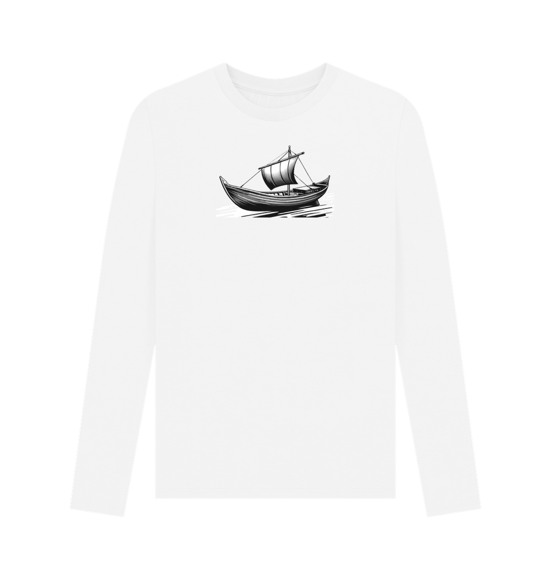 White Printed Long Sleeve T-Shirt Showcasing a Boat Print