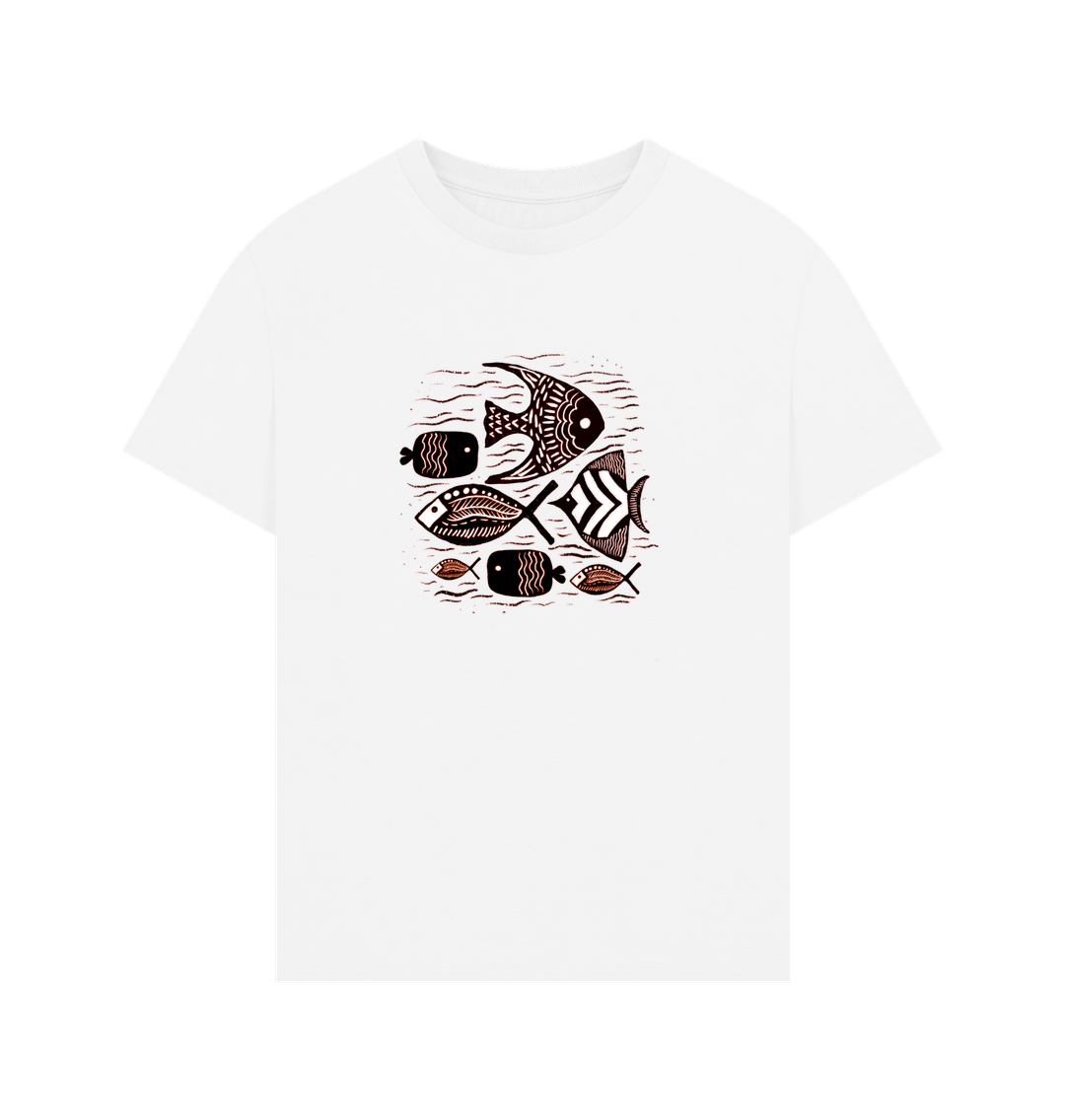 White Printed T-shirt Featuring a Sailing Boat Fish Design