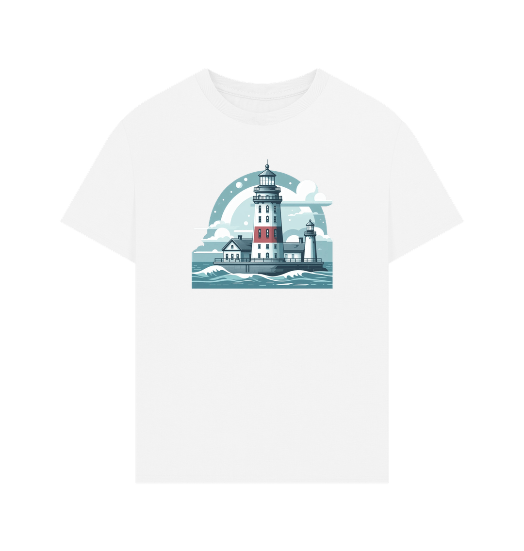 White Printed T-shirt Showcasing a Shining Lighthouse Design.