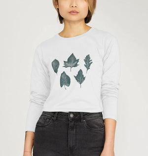 Women's long sleeve organic t-shirt featuring a leaf pattern, titled "Whisper of Leaves.