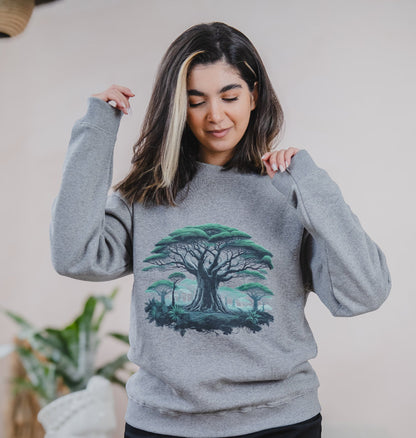 Women's organic crewneck sweatshirt featuring a design of the Baobab Tree, symbolizing the tree of life.