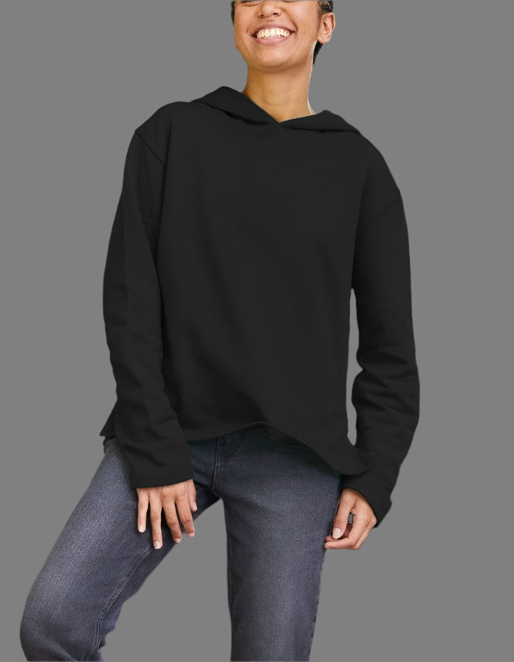 Women's relaxed fit black organic hoodie, designed for comfort and style.